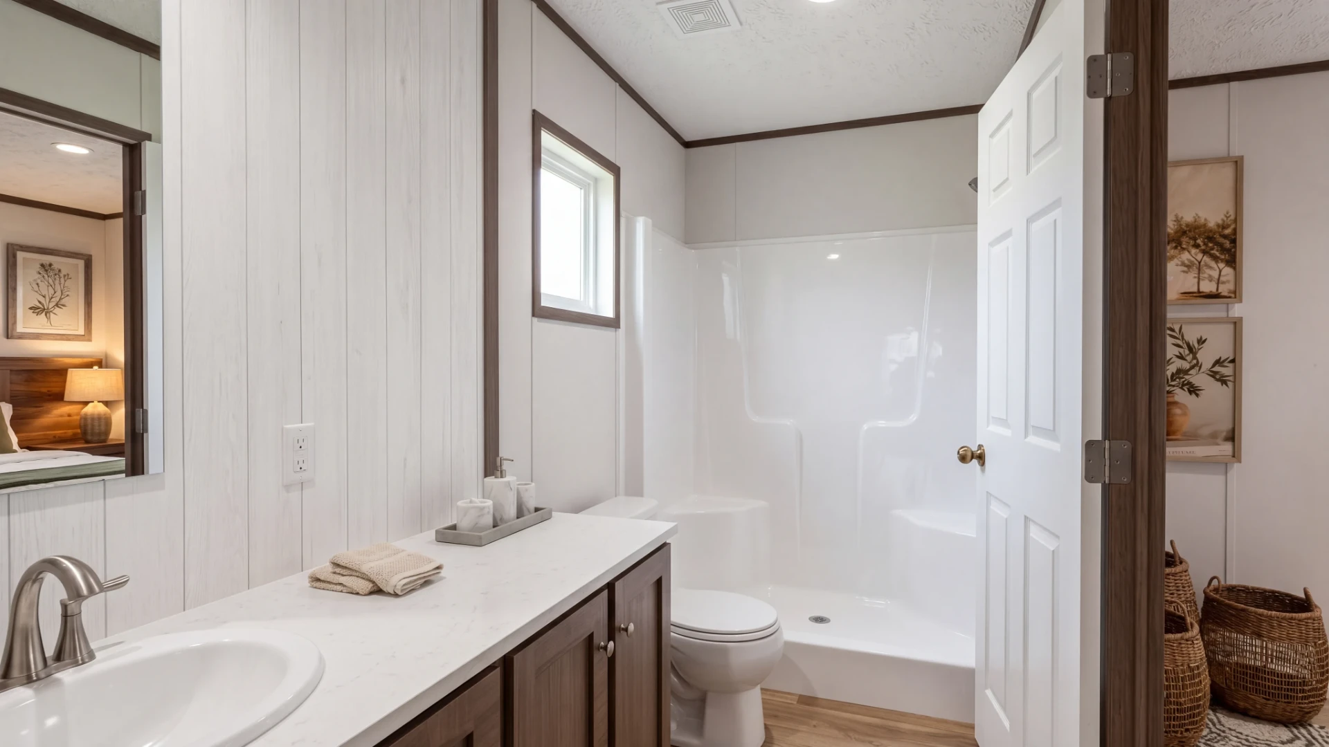 Baño principal con regadera en la casa móvil nueva Clara 16x56