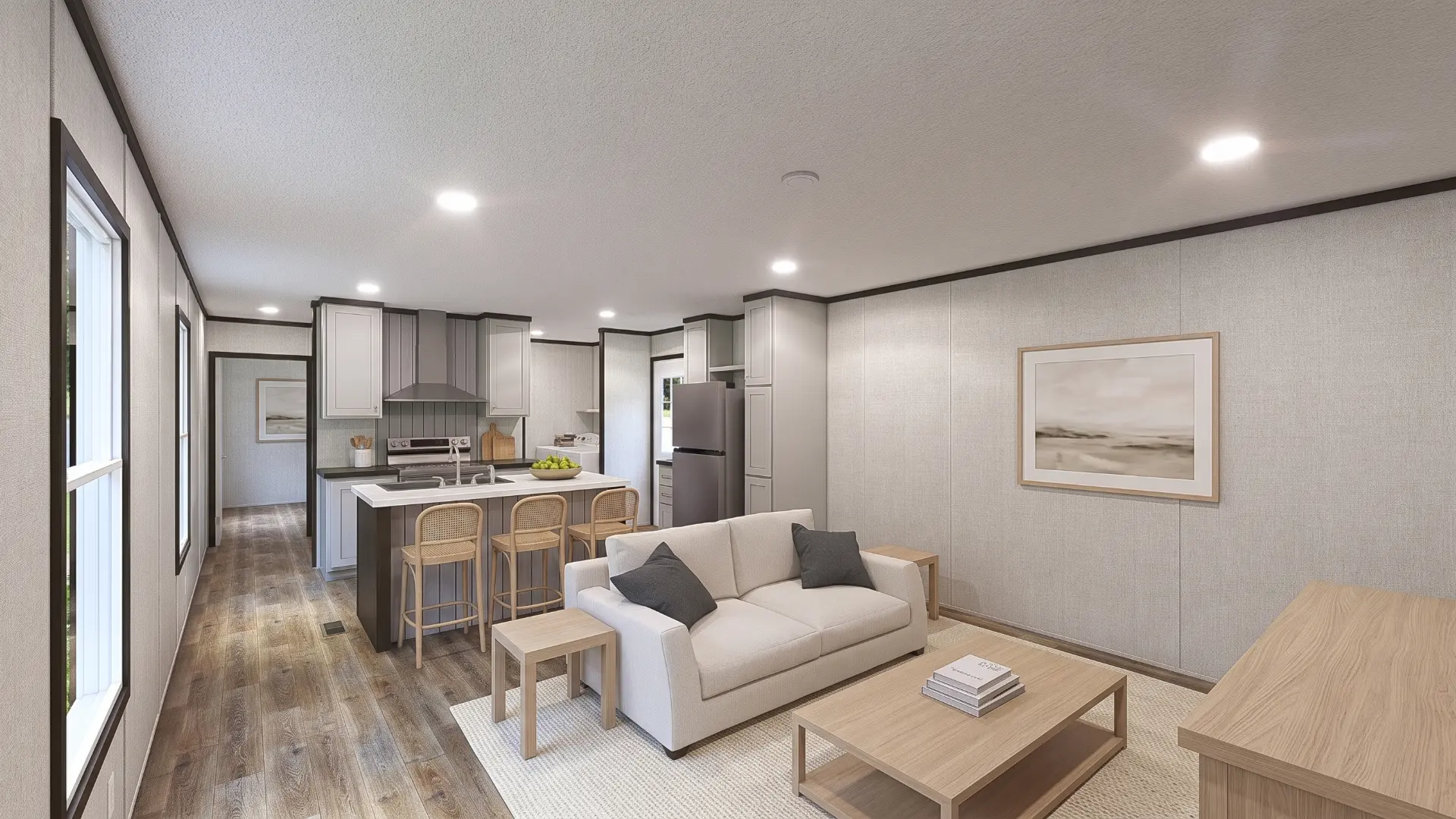 Sala y cocina abiertas de la casa móvil nueva Celeste 16x72