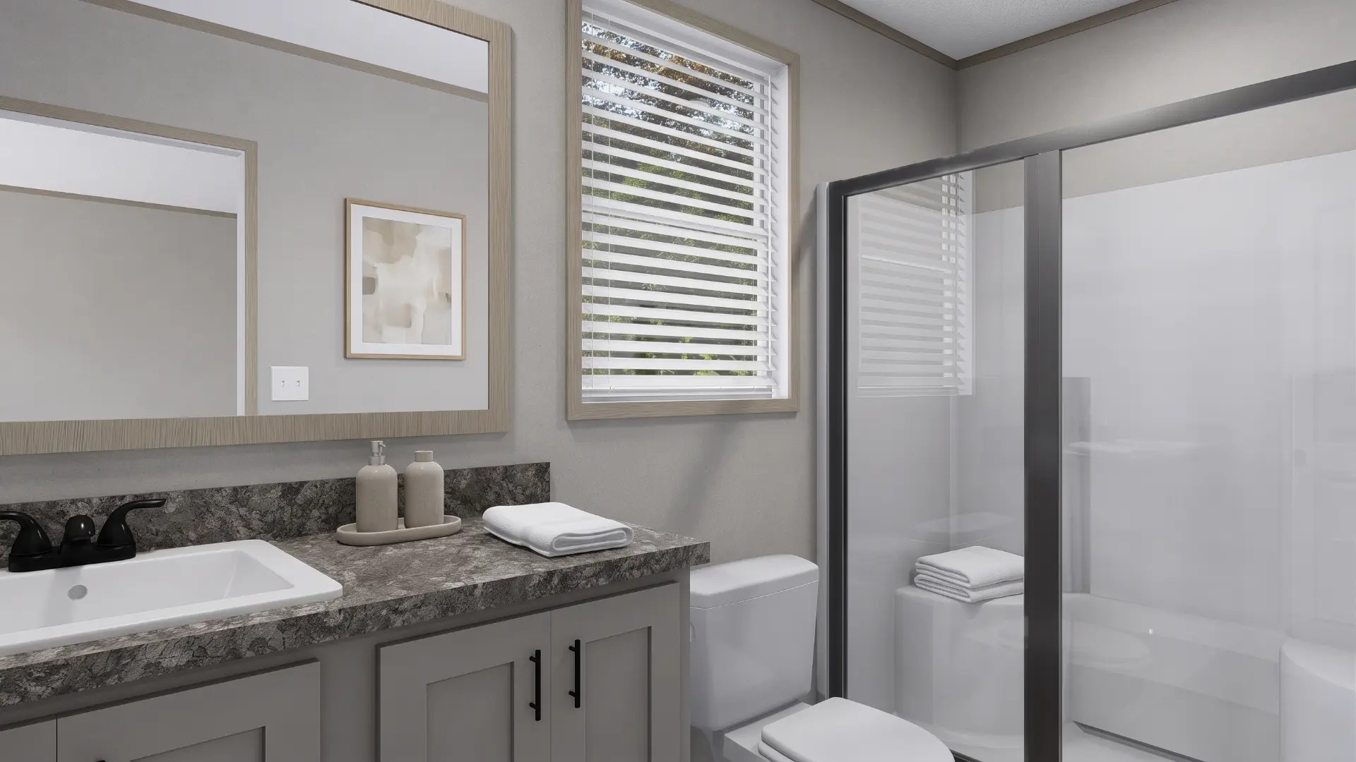 Baño principal con regadera de la casa móvil nueva Delia 16x60