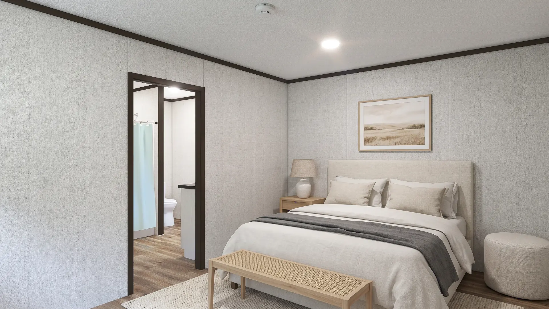 Recámara principal con baño privado de la casa móvil nueva Celeste 16x72