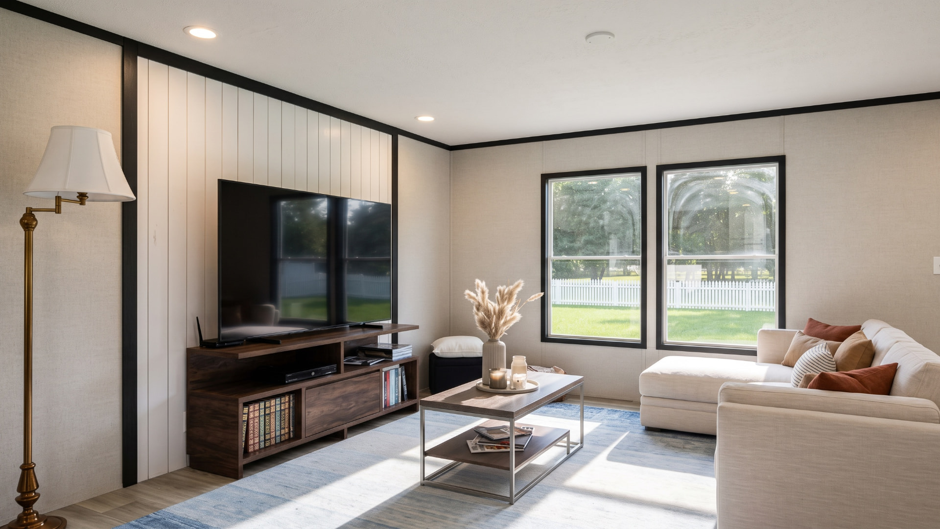 Sala de la casa móvil Sabina 32x56 con pared de acento de madera blanca