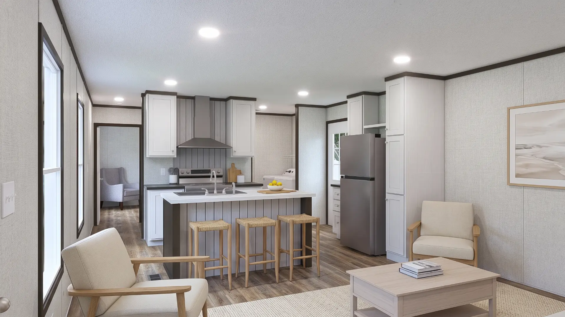 Sala y cocina abiertas de la casa móvil nueva Bianca 16x66