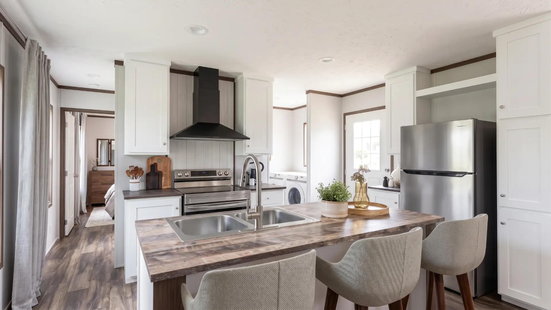 Cocina con isla y barra para desayunar en la casa móvil Sofía 16x76