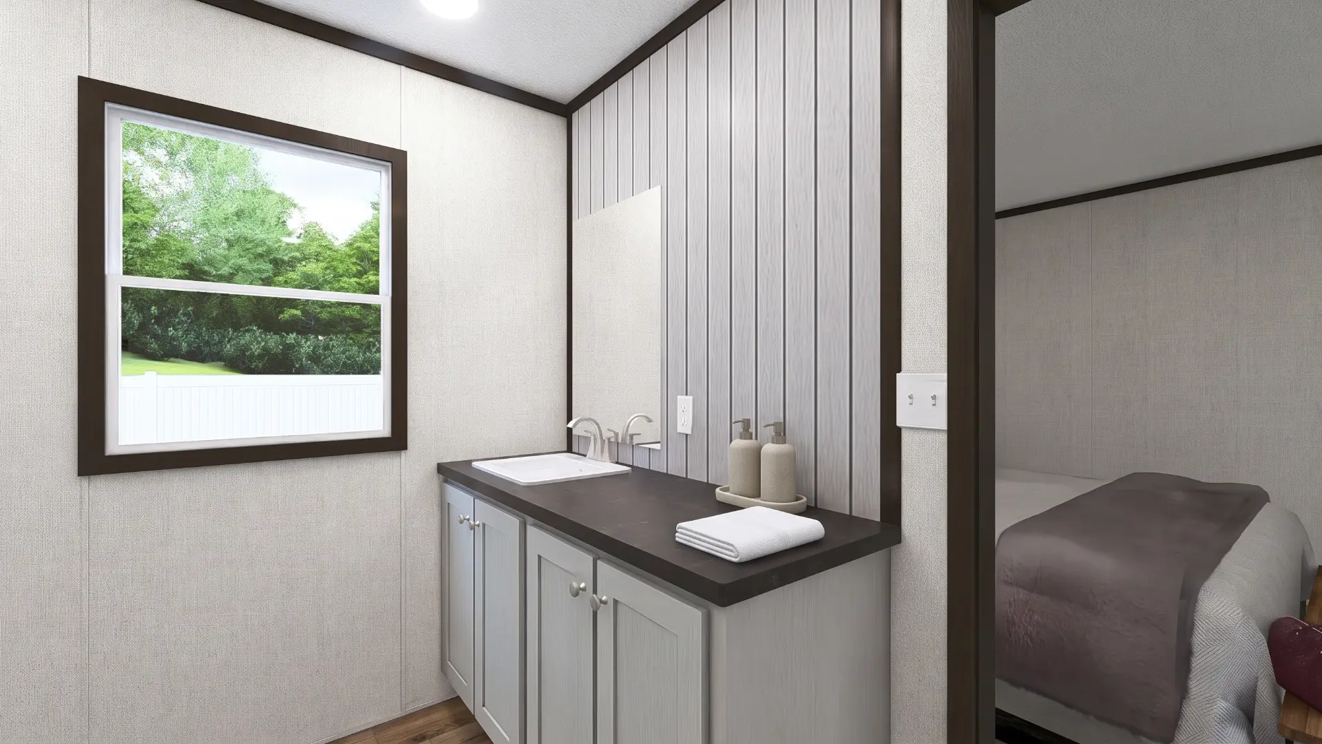 Baño principal de la casa móvil nueva Celeste 16x72