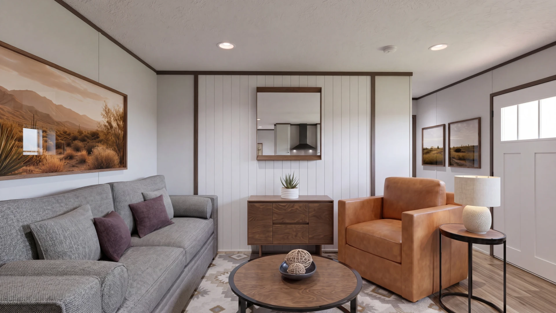 Sala de la casa móvil nueva Clara 16x56 con la puerta de entrada