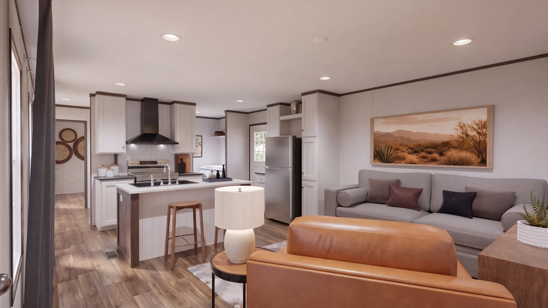 Sala y cocina abiertas en la casa móvil nueva Clara 16x56