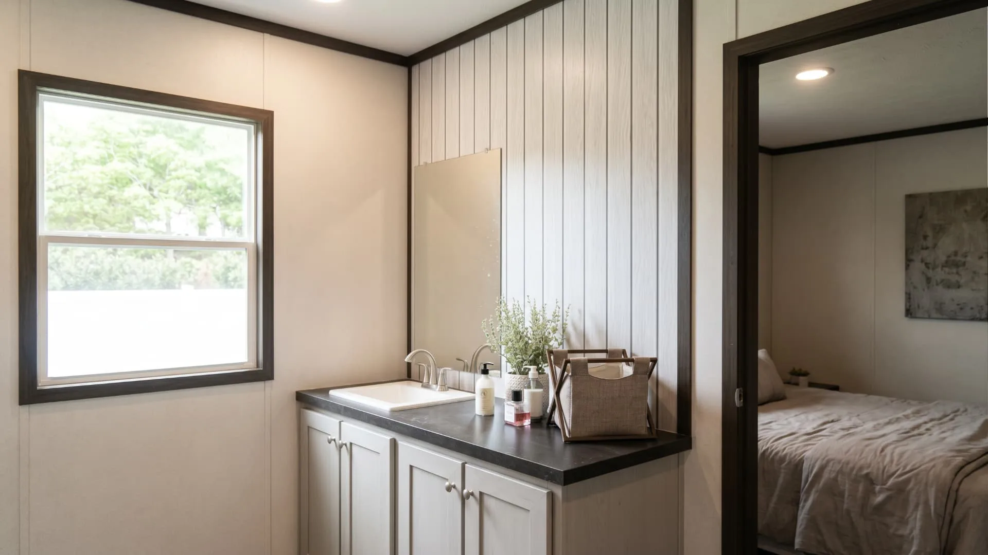 Tocador del baño principal en la casa móvil Lucía 16x76