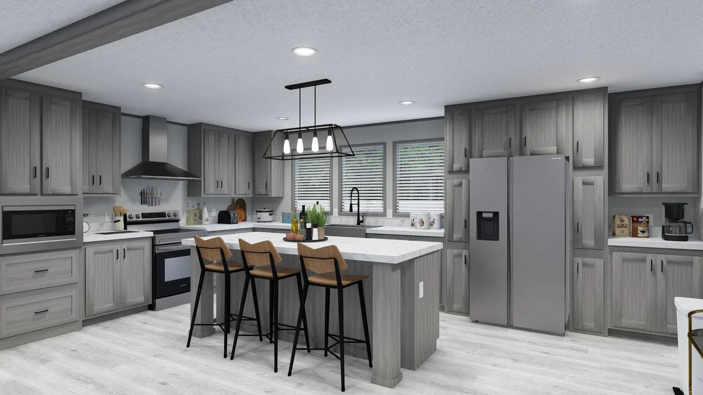 Cocina de la casa móvil Lewis 28x62 con isla y encimeras de mármol Borghini