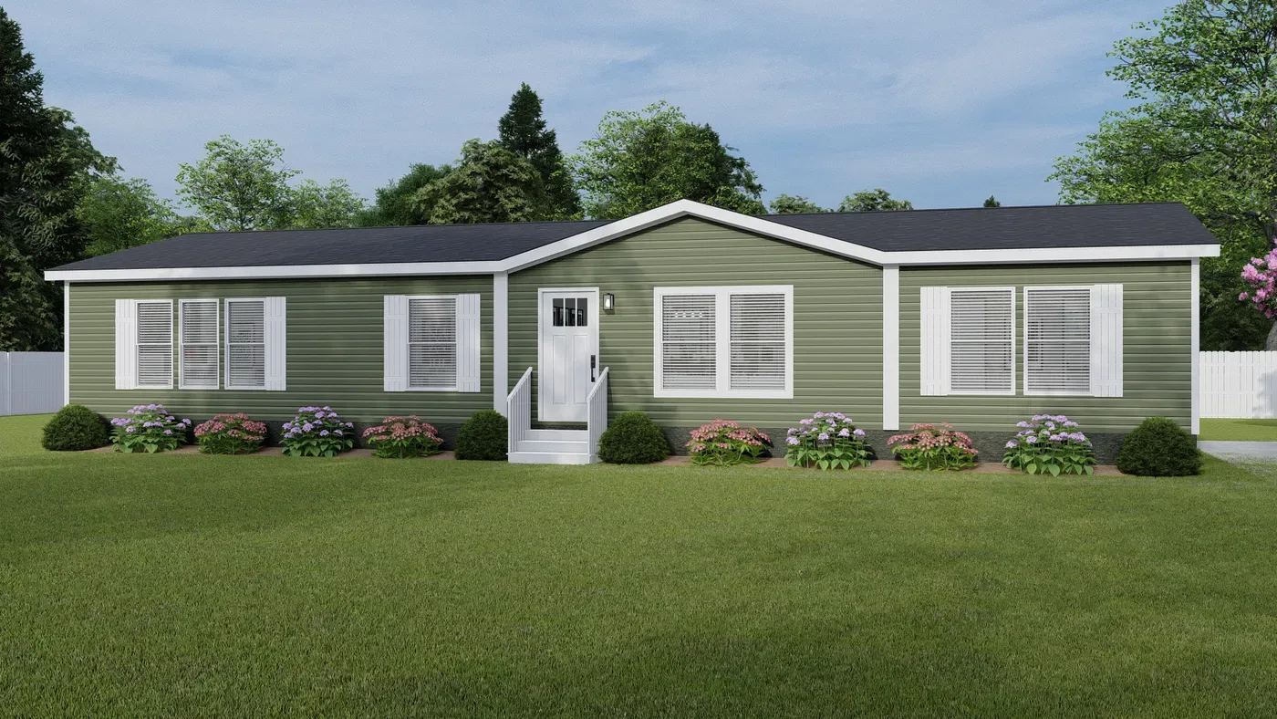 Exterior de la casa móvil Lewis 28x62 con siding verde y porche de entrada