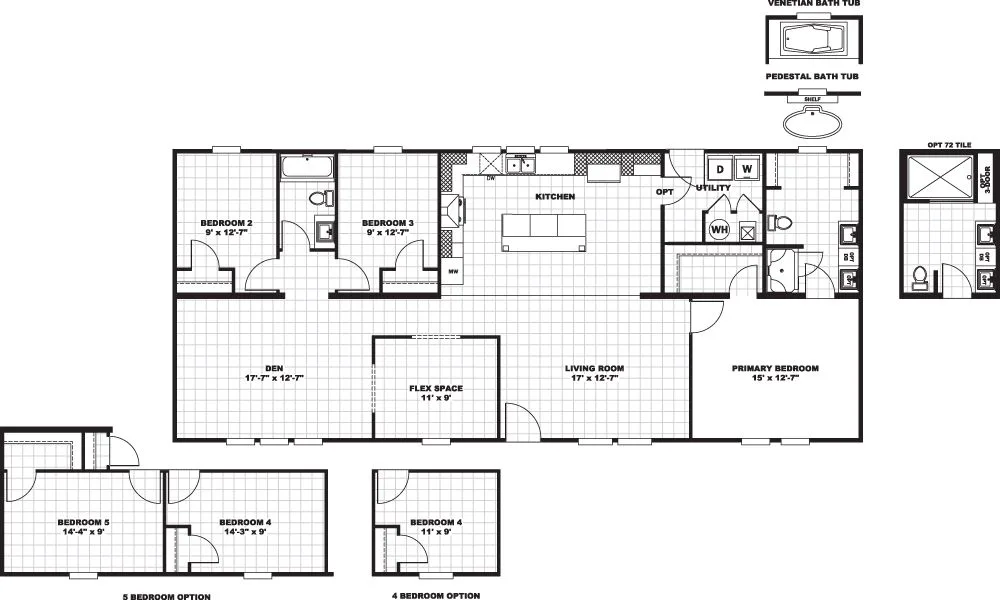 Plano de la casa móvil Lewis 28x62 con 3 recámaras, den y espacio flexible