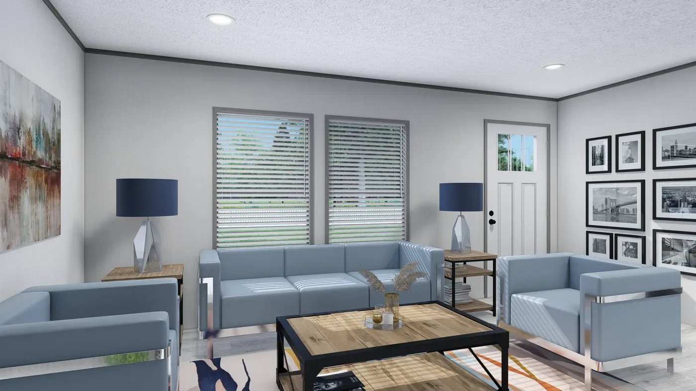 Sala de la casa móvil Lewis 28x62 con luces empotradas y ventanas amplias