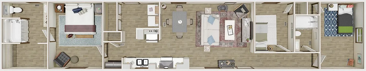 Plano de distribución en 3D de la casa móvil Lucía 16x76 de 3 recámaras y 2 baños