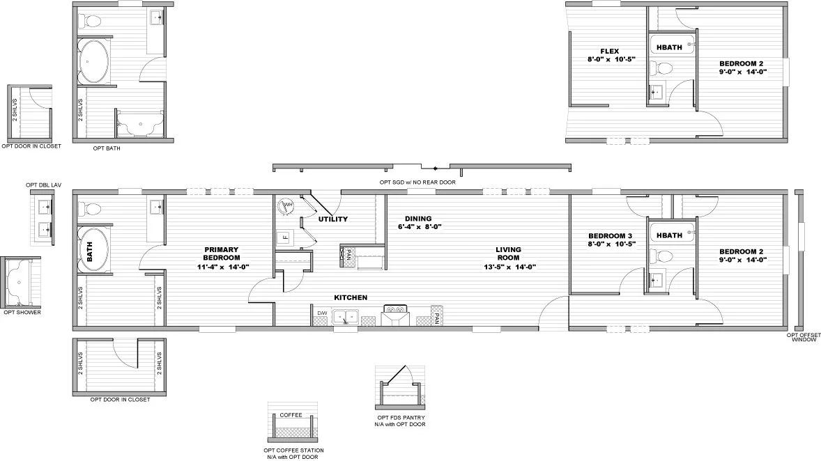 Plano con medidas de la casa móvil Lucía 16x76 de 3 recámaras y 2 baños